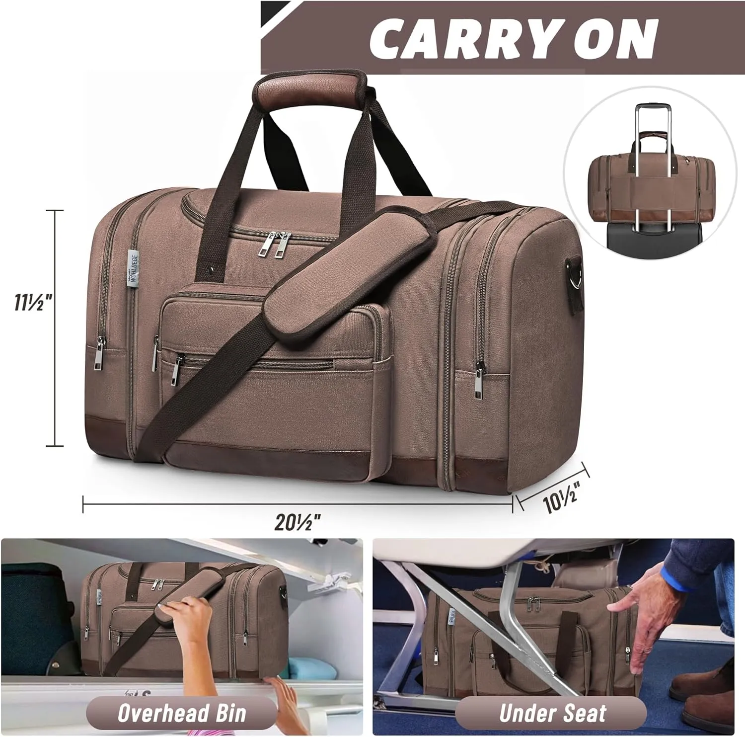 Wolhbege Duffle Bag for Travel,Mens Travel Bag & Carry On Bag for Men with Expandable Design and Luggage Sleeve Duffel Bag for Gym, Weekender, Overnight Trips Brown