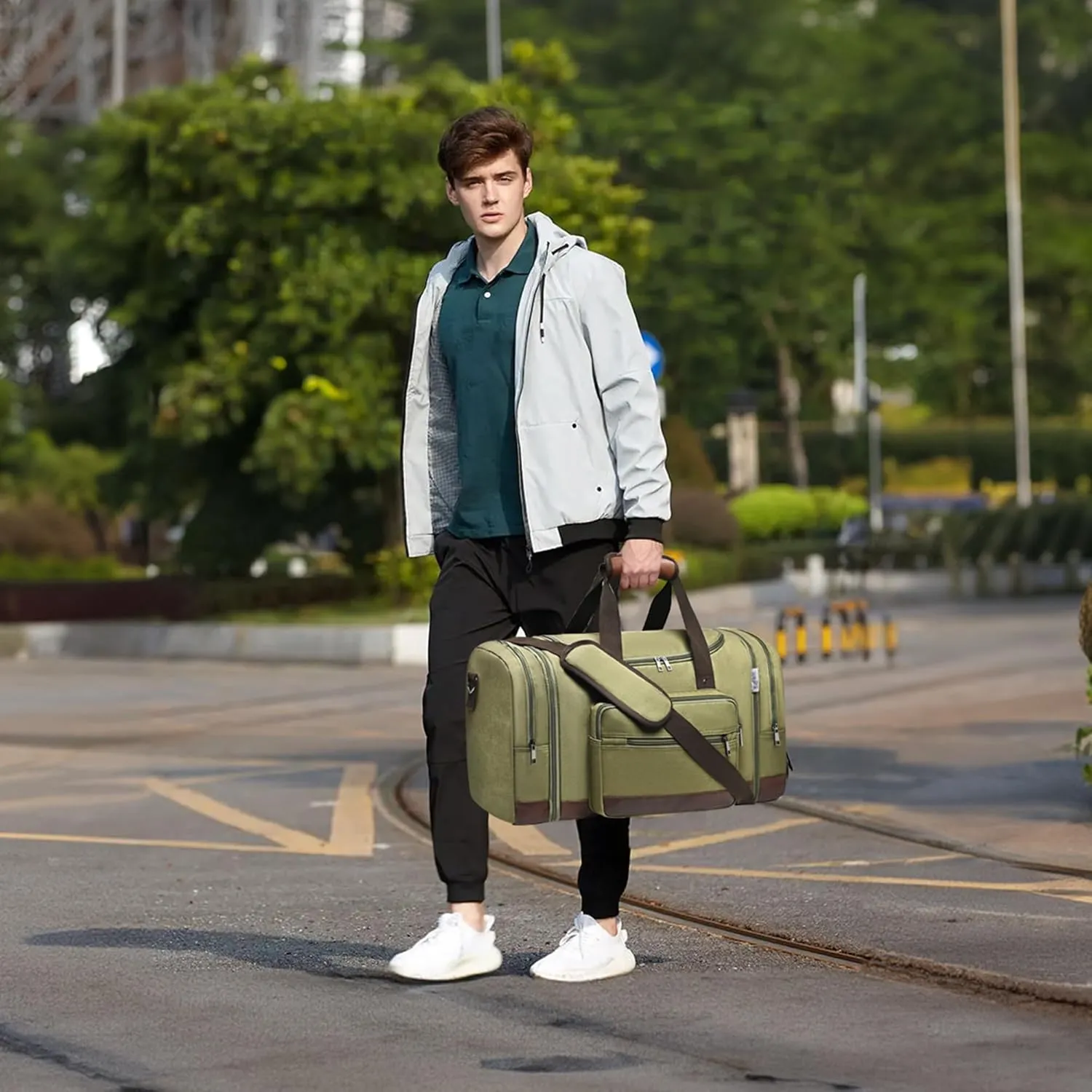 Wolhbege Duffle Bag for Travel,Mens Travel Bag & Carry On Bag for Men with Expandable Design and Luggage Sleeve Duffel Bag for Gym, Weekender, Overnight Trips Green