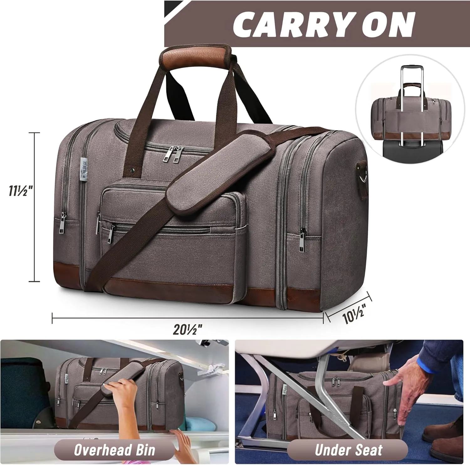 Wolhbege Duffle Bag for Travel,Mens Travel Bag & Carry On Bag for Men with Expandable Design and Luggage Sleeve Duffel Bag for Gym, Weekender, Overnight Trips Grey