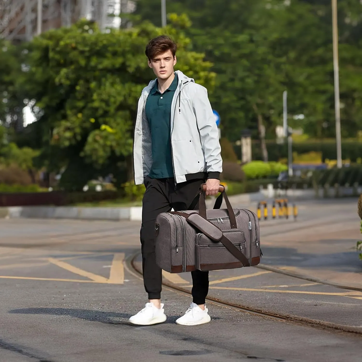 Wolhbege Duffle Bag for Travel,Mens Travel Bag & Carry On Bag for Men with Expandable Design and Luggage Sleeve Duffel Bag for Gym, Weekender, Overnight Trips Grey