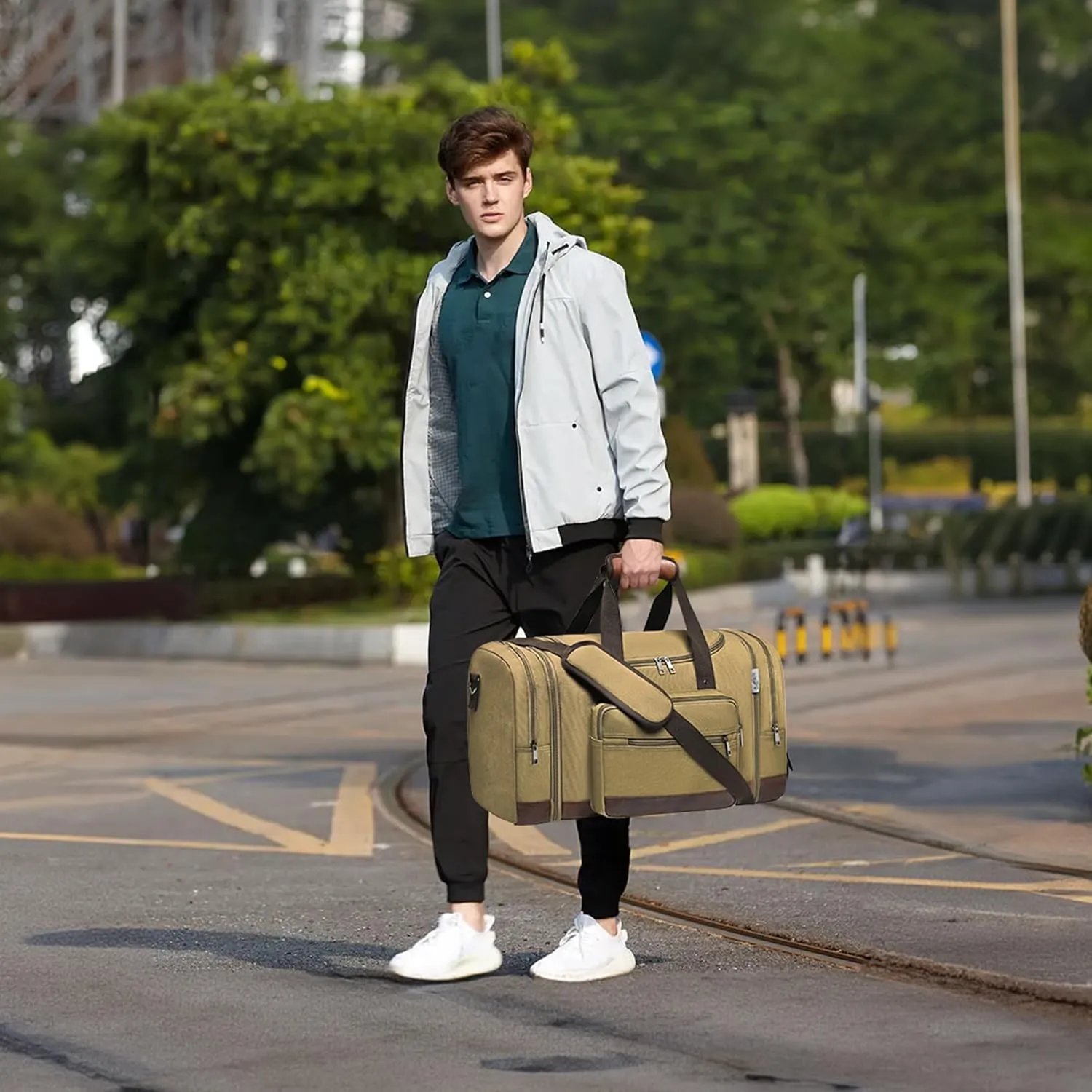 Wolhbege Duffle Bag for Travel,Mens Travel Bag & Carry On Bag for Men with Expandable Design and Luggage Sleeve Duffel Bag for Gym, Weekender, Overnight Trips Khaki