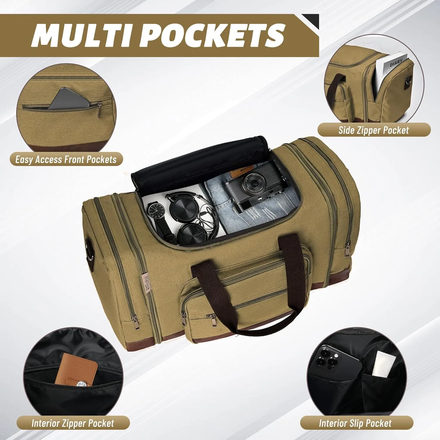Wolhbege Duffle Bag for Travel,Mens Travel Bag & Carry On Bag for Men with Expandable Design and Luggage Sleeve Duffel Bag for Gym, Weekender, Overnight Trips Khaki