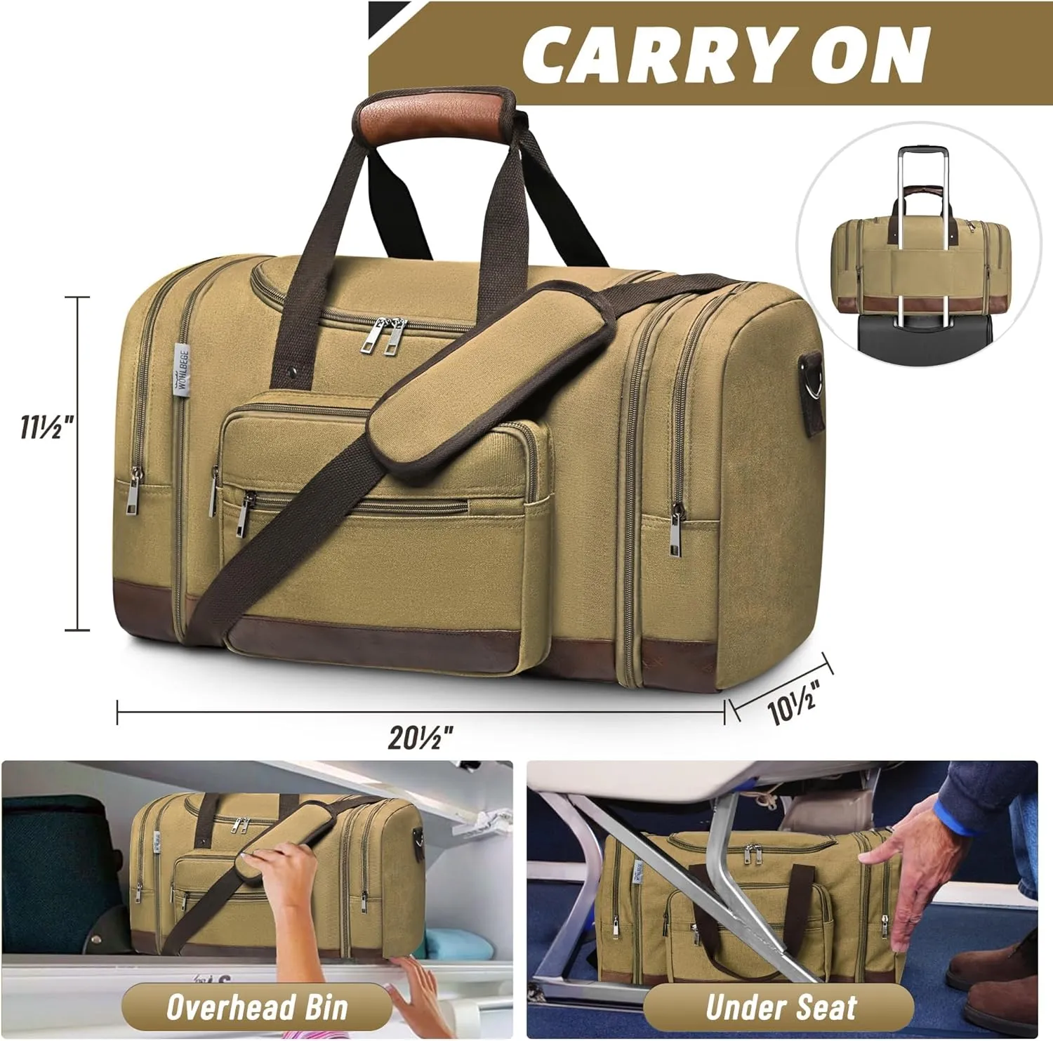 Wolhbege Duffle Bag for Travel,Mens Travel Bag & Carry On Bag for Men with Expandable Design and Luggage Sleeve Duffel Bag for Gym, Weekender, Overnight Trips Khaki