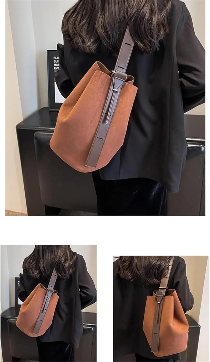 Women Suede Bucket Bag 2025 Fall Bags Trendy Brown Tote Vintage Shoulder Handbag with Pouch Work Purses