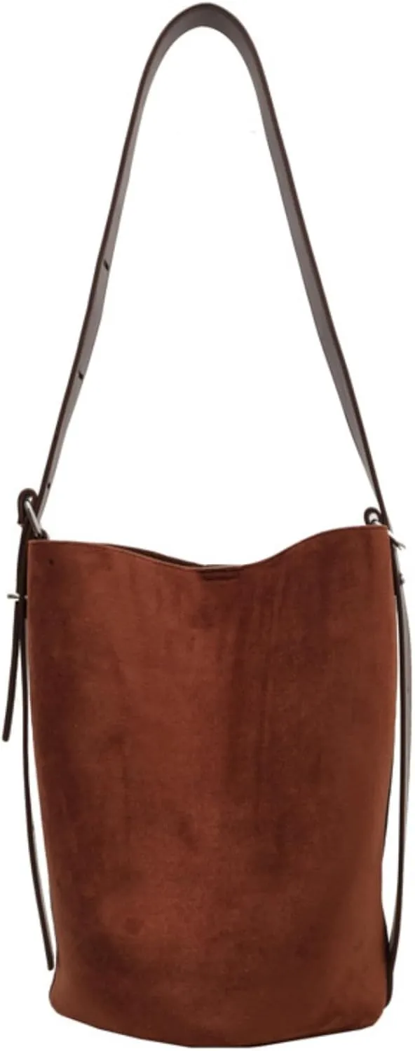Women Suede Bucket Bag 2025 Fall Bags Trendy Brown Tote Vintage Shoulder Handbag with Pouch Work Purses