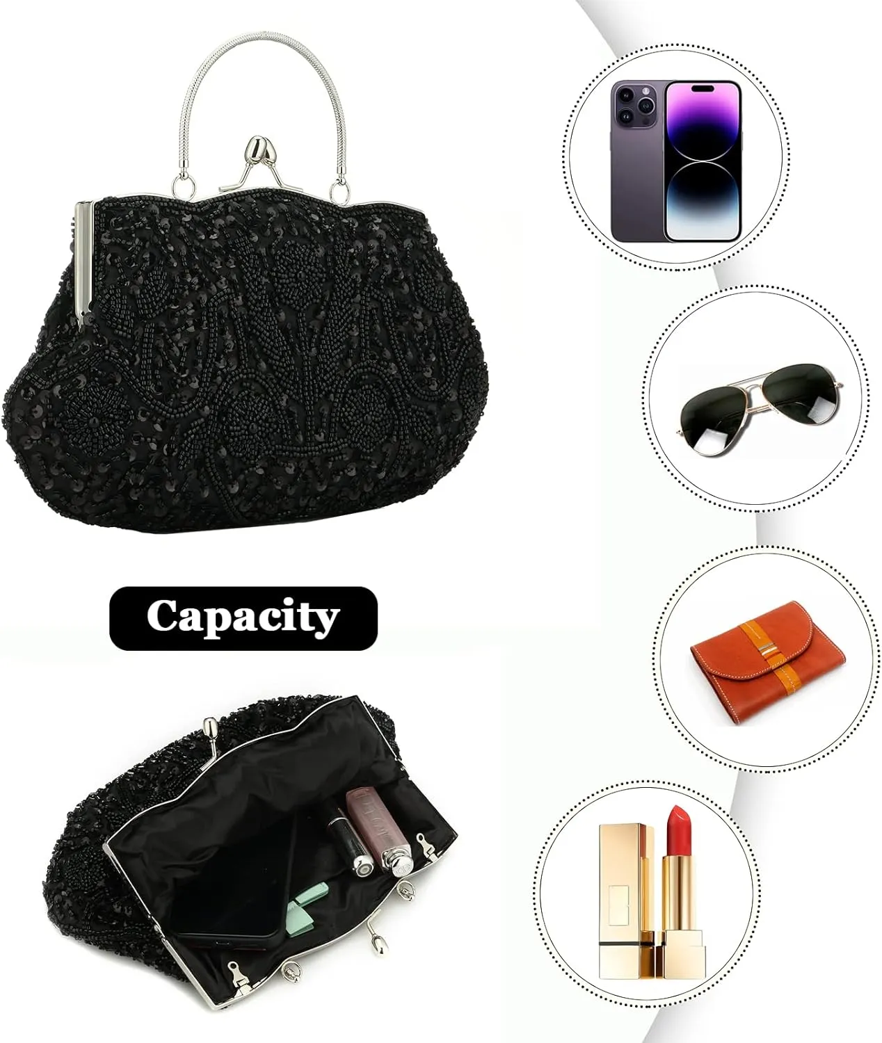 Women Vintage Beaded Evening Clutch Vintage Design Sequin Floral Top-handle Handbag Party Wedding Purse Wallet (Black)