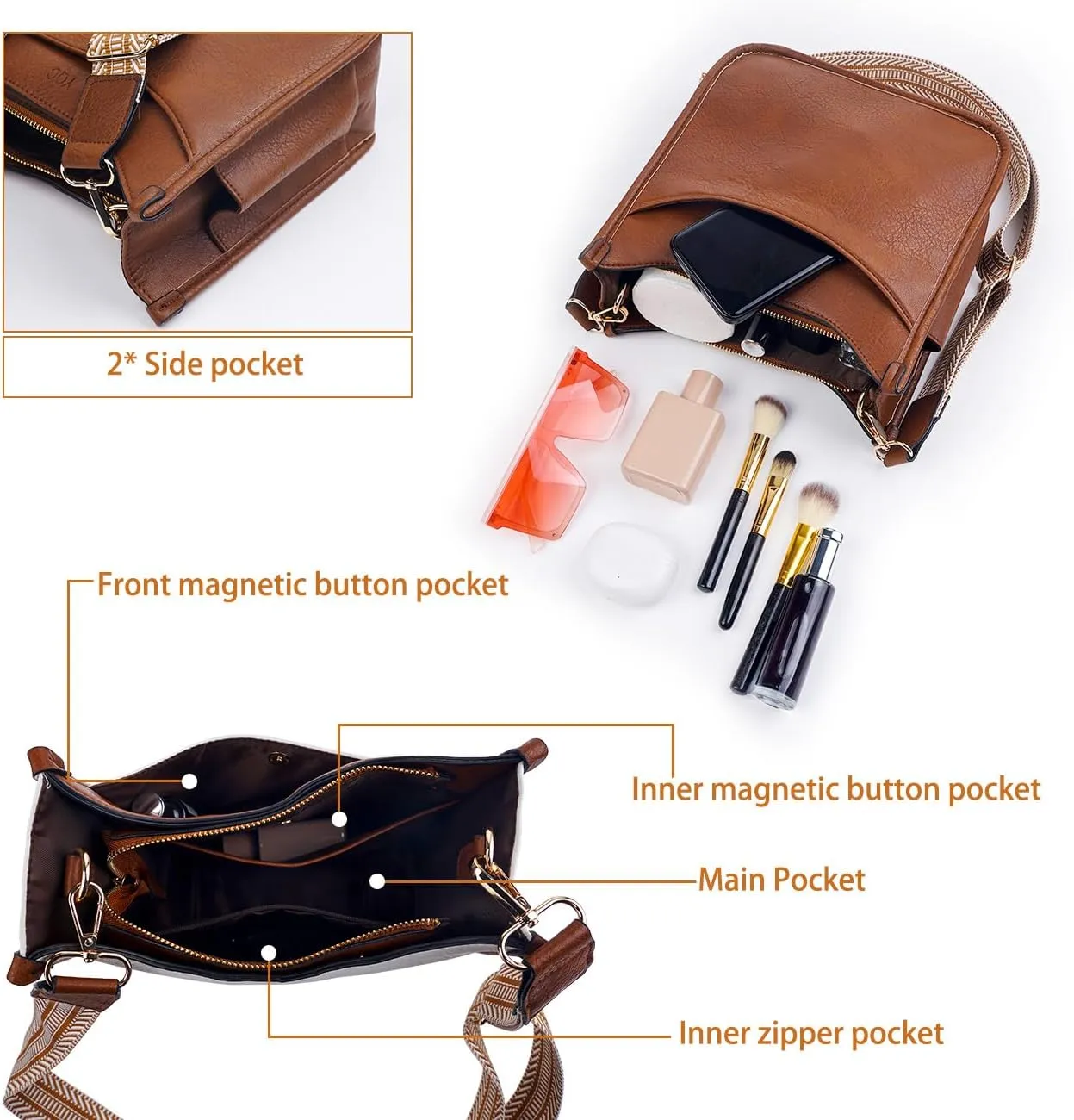 Women's Crossbody Handbags Vegen Leather Purses 2Pcs Hobo Purse Bags Wallet Set with 2 Adjustable Guitar Strap