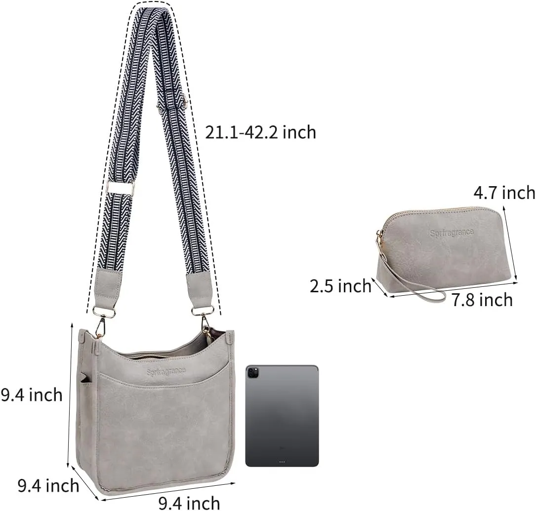 Women's Crossbody Handbags Vegen Leather Purses 2Pcs Hobo Purse Bags Wallet Set with 2 Adjustable Guitar Strap