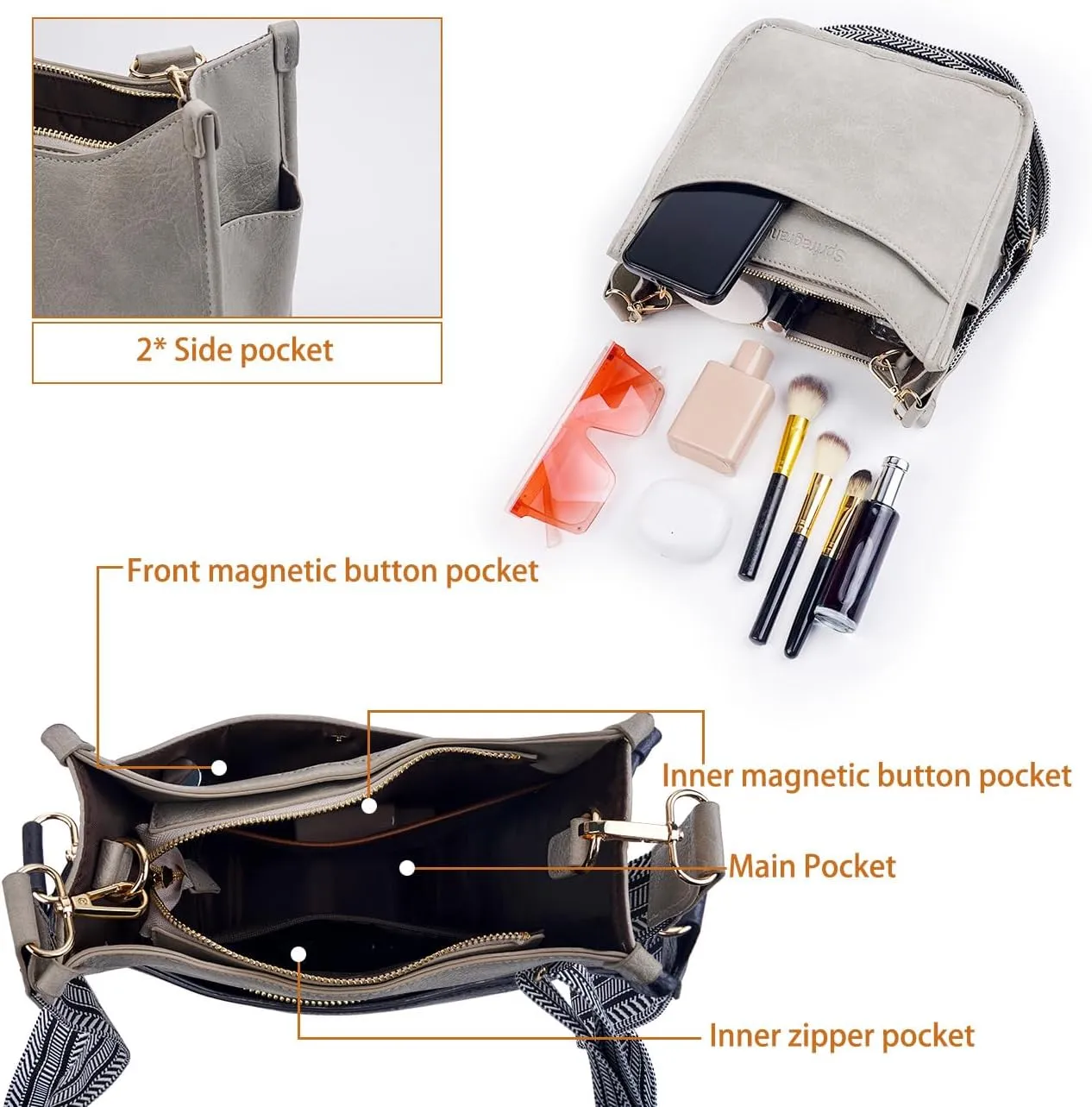 Women's Crossbody Handbags Vegen Leather Purses 2Pcs Hobo Purse Bags Wallet Set with 2 Adjustable Guitar Strap