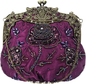 Women's Vintage Beaded Sequin Flower Evening Handbags Wedding Clutches Prom Cocktail Party Handbags