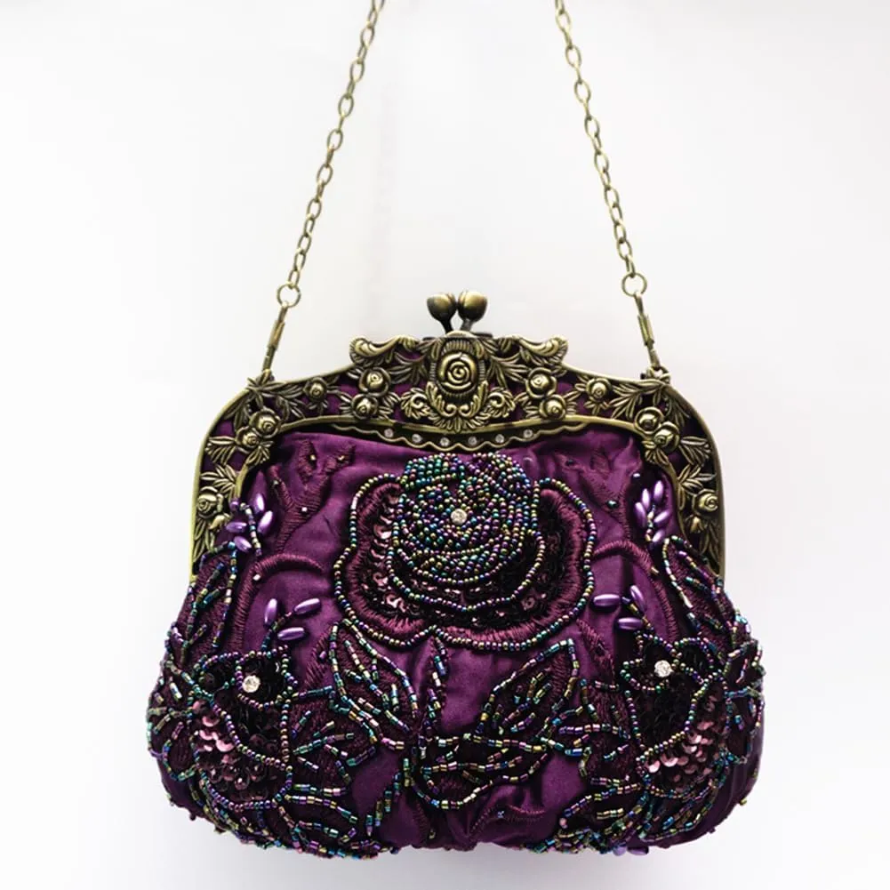 Women's Vintage Beaded Sequin Flower Evening Handbags Wedding Clutches Prom Cocktail Party Handbags