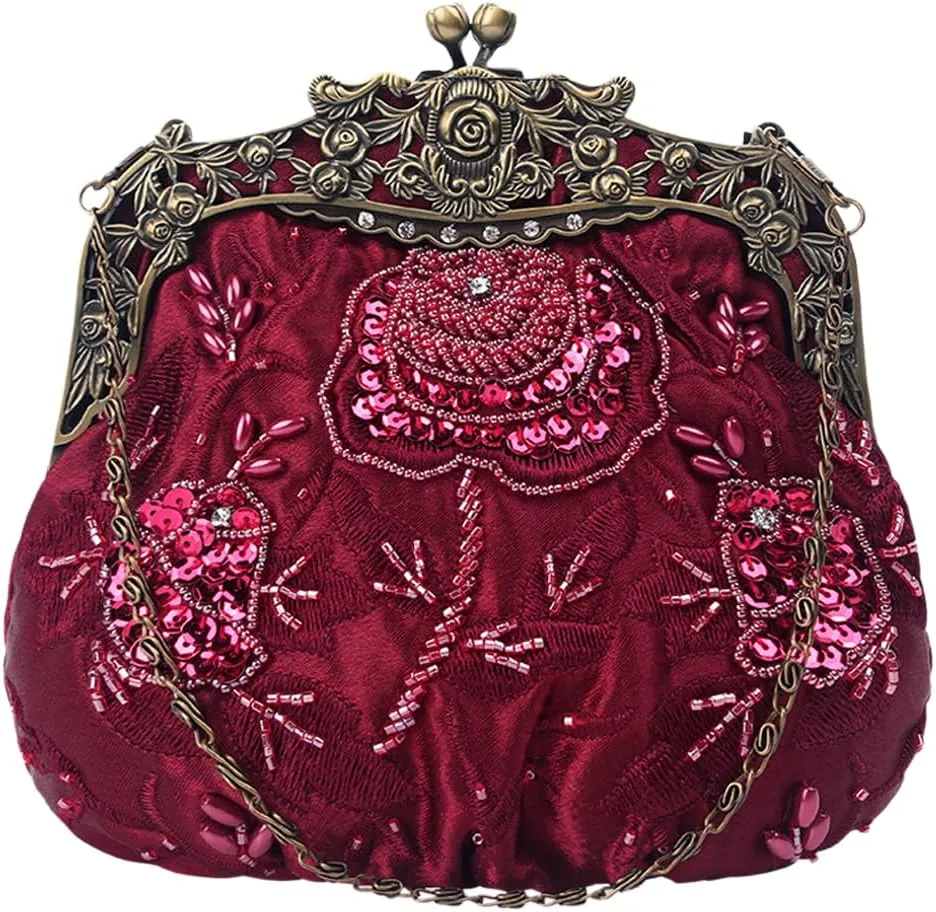 Women's Vintage Beaded Sequin Flower Evening Handbags Wedding Clutches Prom Cocktail Party Handbags