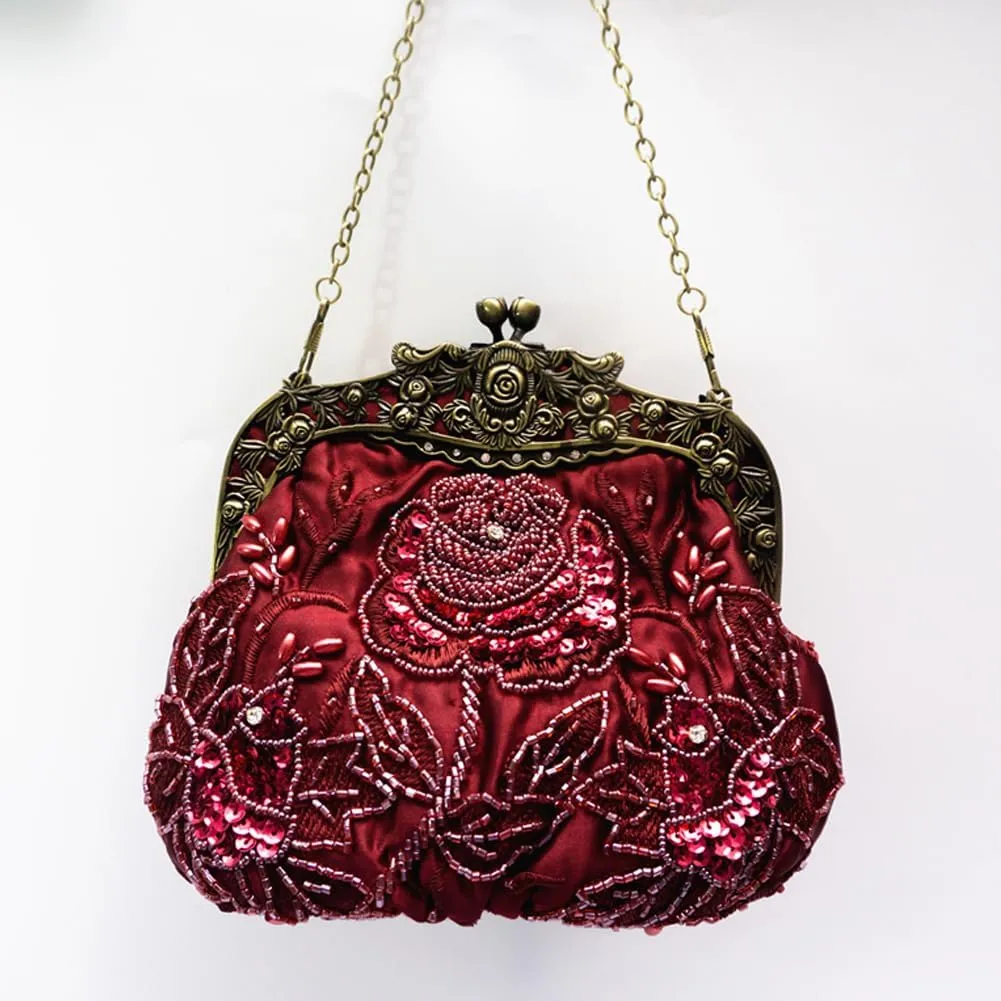 Women's Vintage Beaded Sequin Flower Evening Handbags Wedding Clutches Prom Cocktail Party Handbags