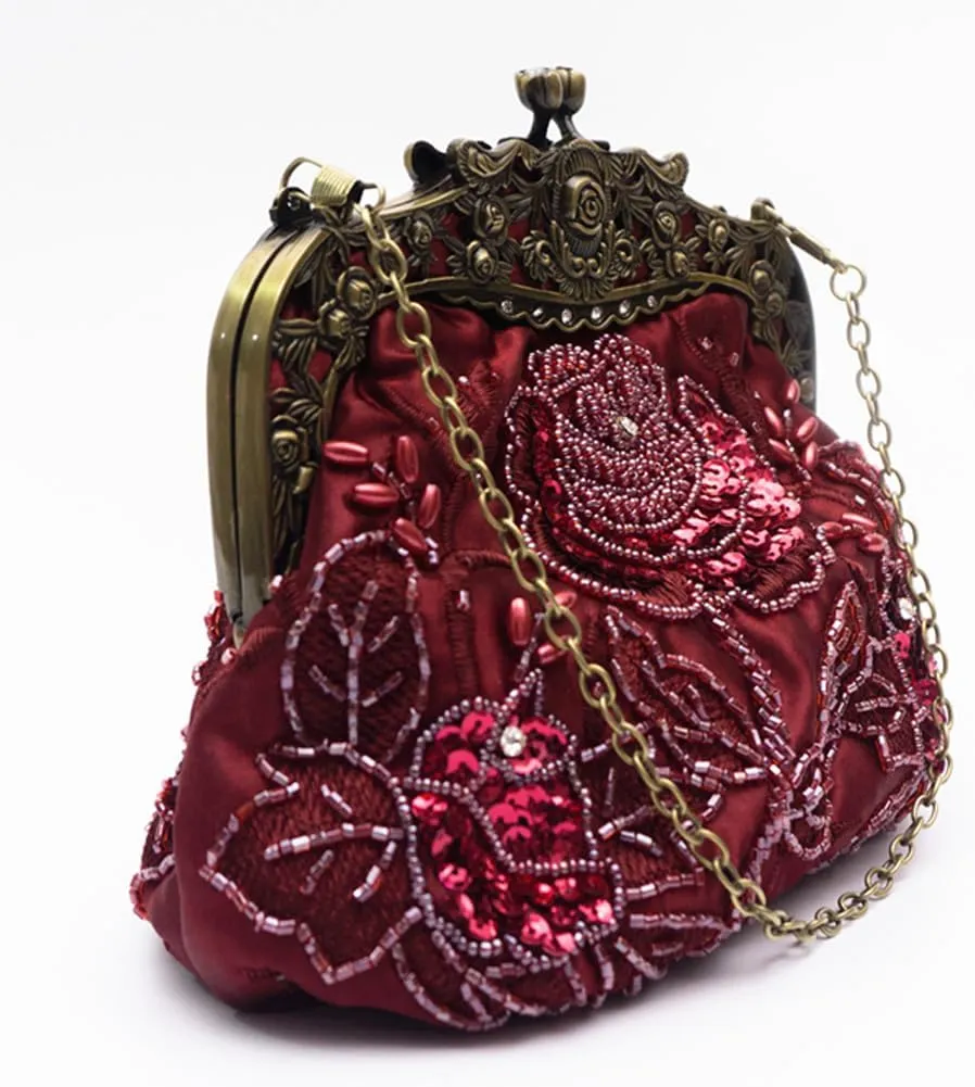 Women's Vintage Beaded Sequin Flower Evening Handbags Wedding Clutches Prom Cocktail Party Handbags