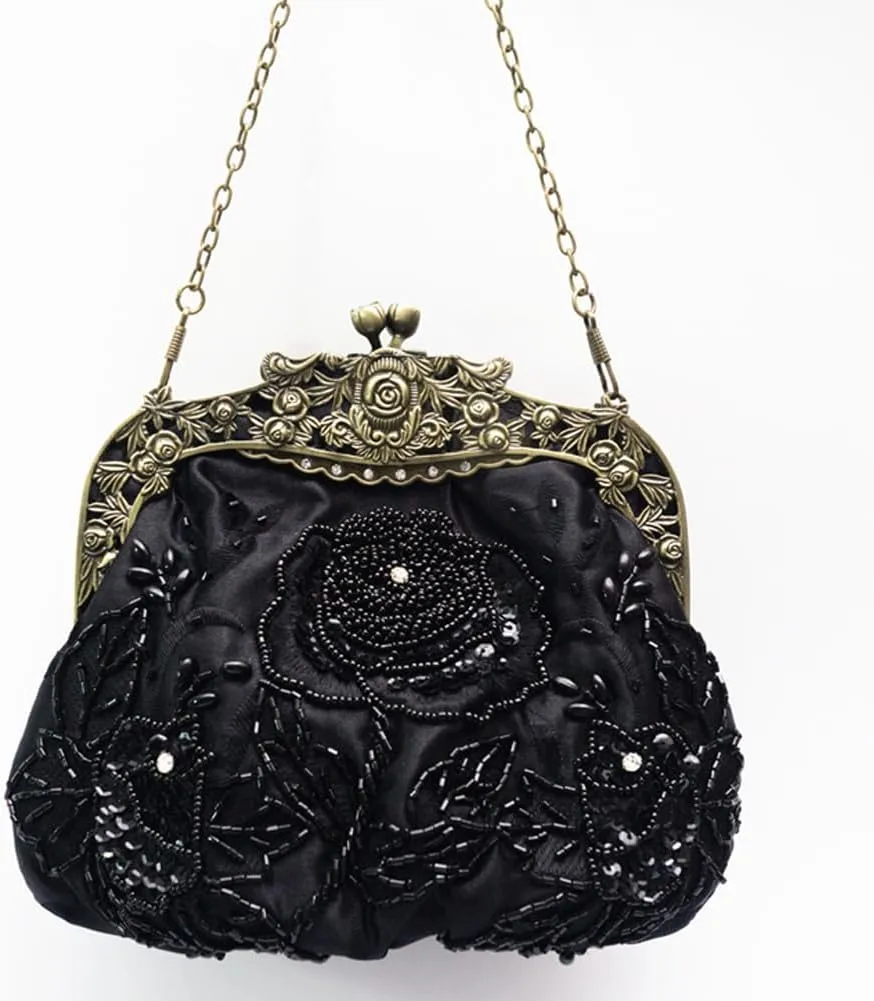Women's Vintage Beaded Sequin Flower Evening Handbags Wedding Clutches Prom Cocktail Party Handbags