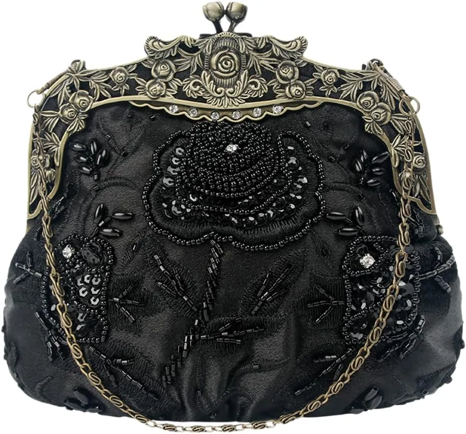 Women's Vintage Beaded Sequin Flower Evening Handbags Wedding Clutches Prom Cocktail Party Handbags