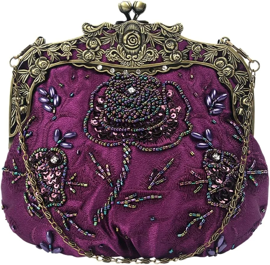 Women's Vintage Beaded Sequin Flower Evening Handbags Wedding Clutches Prom Cocktail Party Handbags