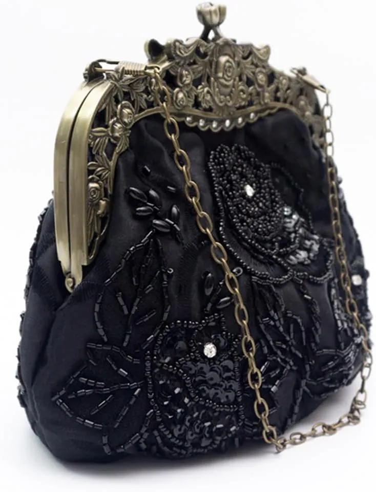 Women's Vintage Beaded Sequin Flower Evening Handbags Wedding Clutches Prom Cocktail Party Handbags