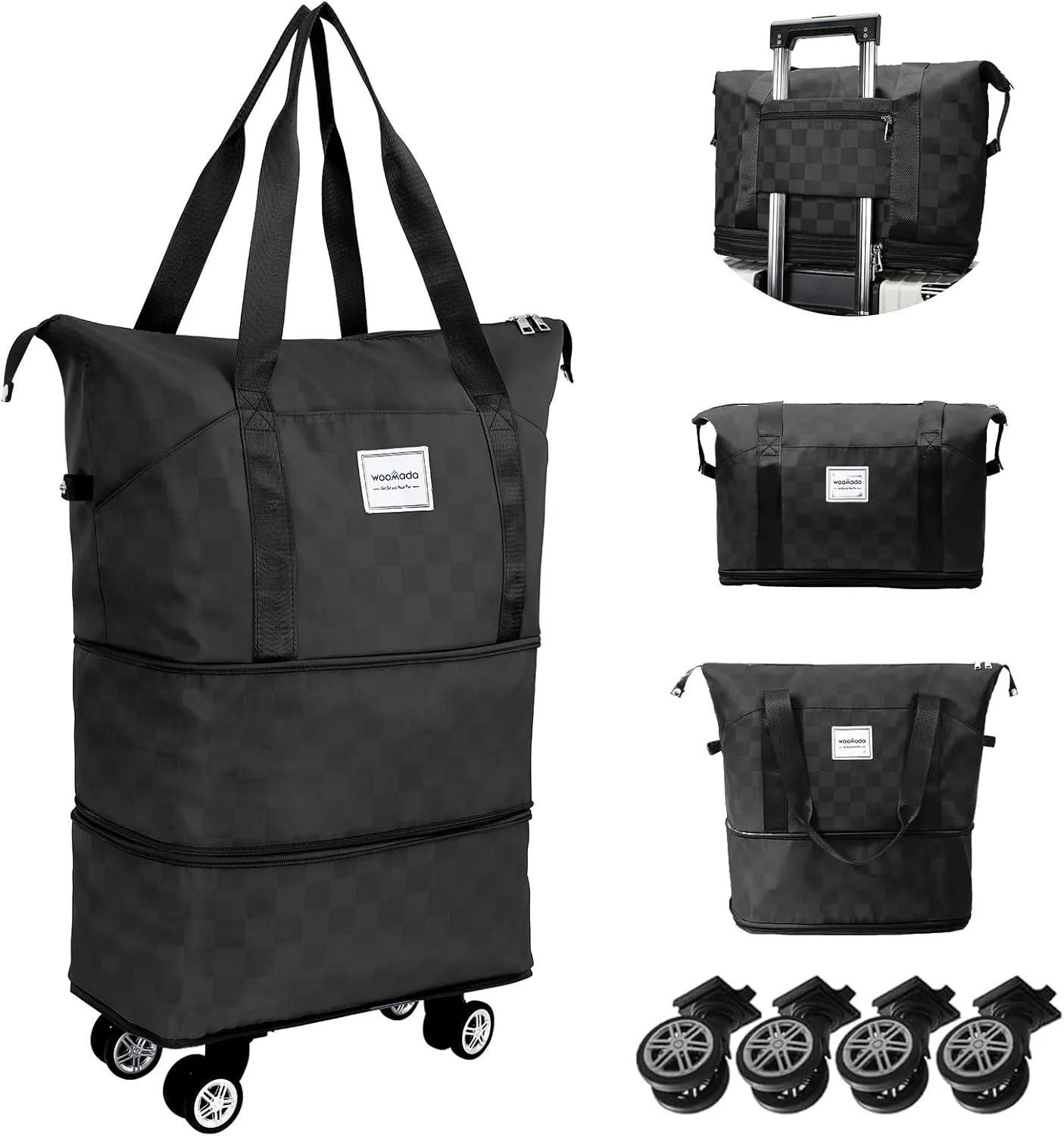 WOOMADA Rolling Duffel Bag With Wheels, Detachable Rolling Carry-On Luggage, Expandable Foldable Large Suitcase for Travel, Business, Camping, Gift for Parents, Spouse(black checkerboard)