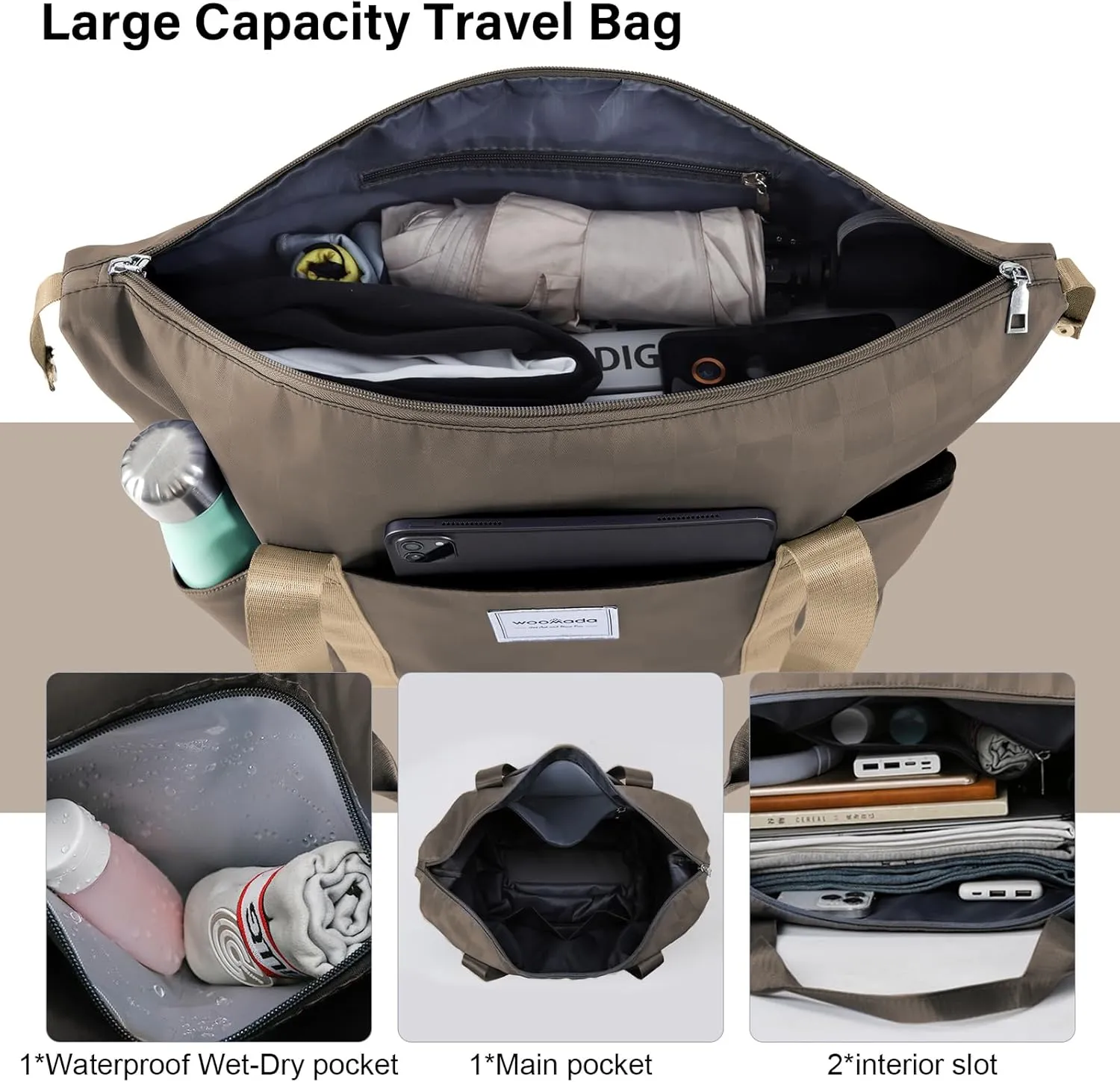 WOOMADA Rolling Duffel Bag With Wheels, Detachable Rolling Carry-On Luggage, Expandable Foldable Large Suitcase for Travel, Business, Camping, Gift for Parents, Spouse(khaki checkerboard)
