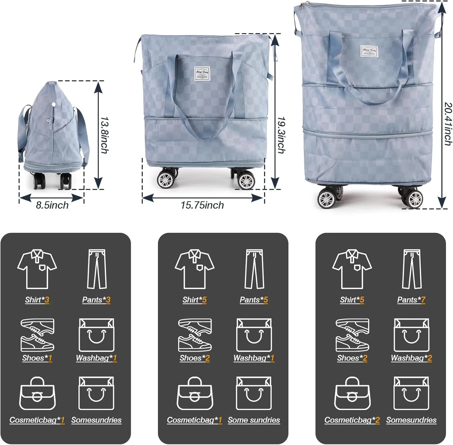 Zoofen Foldable Duffel Bag Expandable Travel Bag with Removable Wheels Weekender Travel Bag Carry On Bag Camping Bag(Blue)